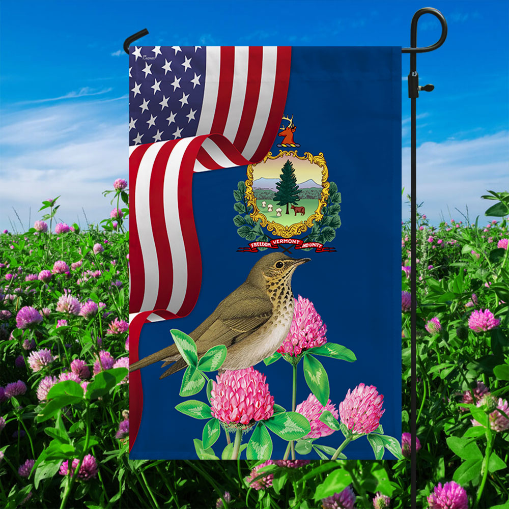 Vermont State Hermit Thrush Bird and Red Clover Flower Flag MLN1141Fv8 ...