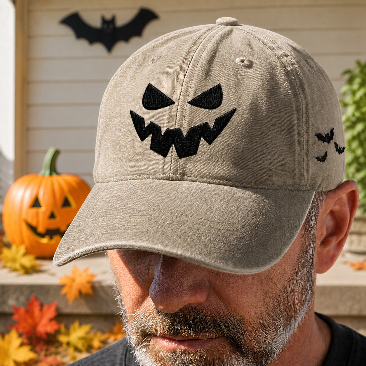 Embroidered Halloween Hat Jack O Lantern Scary Pumpkin Face