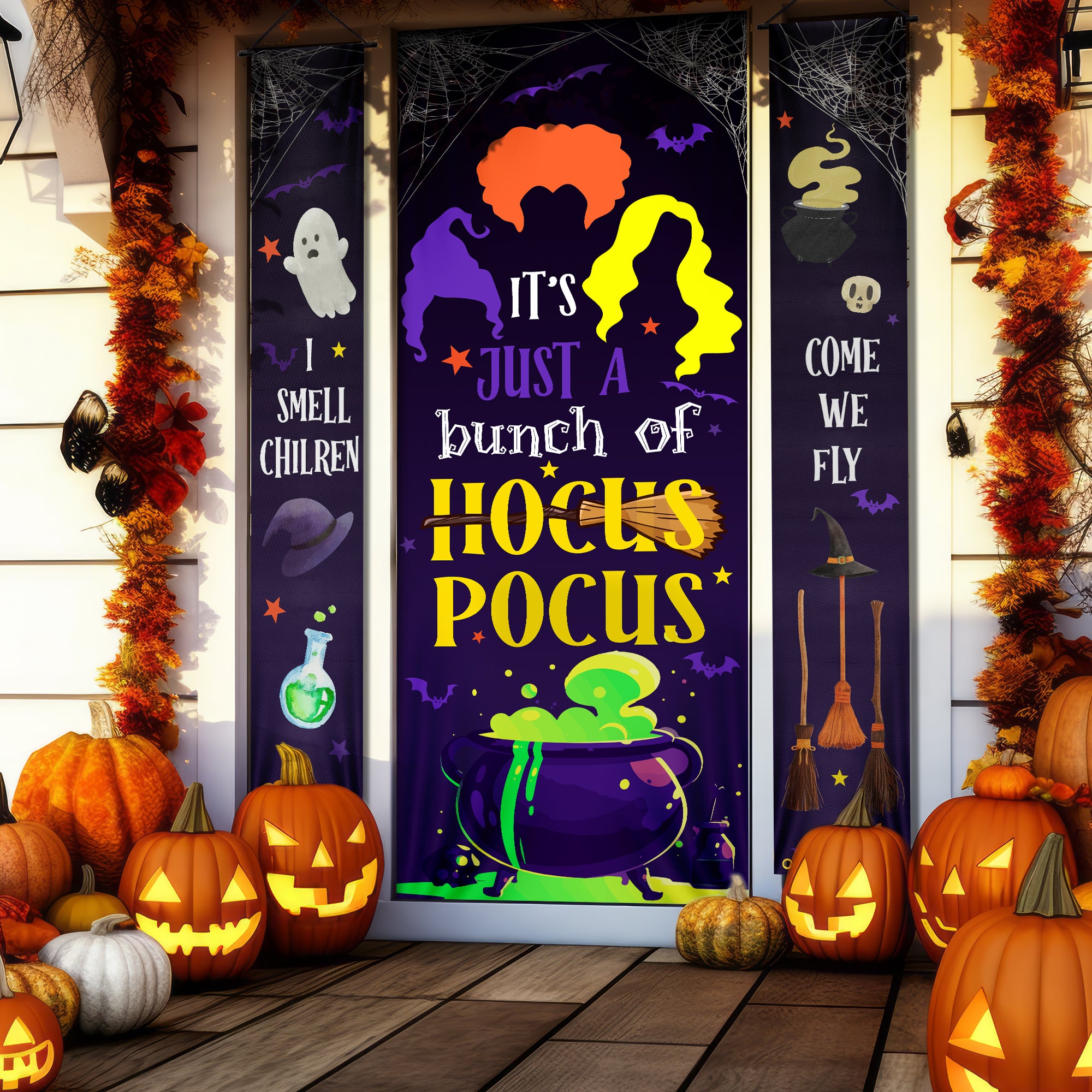 Three Witches Halloween It's Just A Bunch Of Hocus Pocus Door Cover &a ...