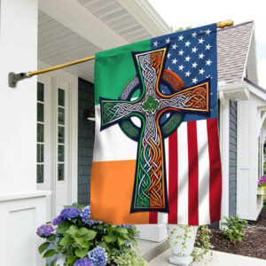St Patricks Day flag decoration featuring a Celtic cross on a house flag with Irish and American flags.