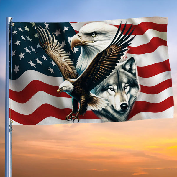 Eagle and Wolf American Grommet Flag