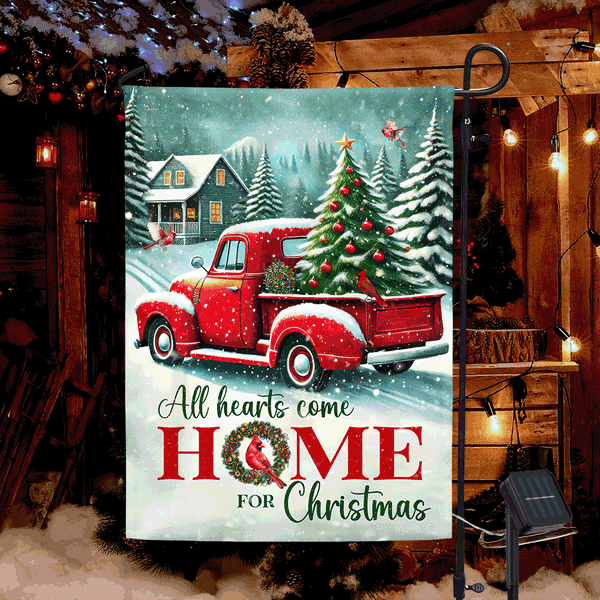 Red Truck Christmas Tree All Hearts Come Home For Christmas Solar LED Garden Flag MLN4366SF