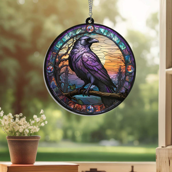 Raven Stained Glass Gothic Crow Suncatcher Acrylic Hanging