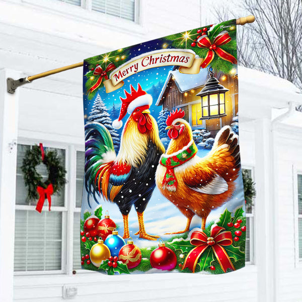 Chicken Christmas Rooster And Hen Farm Flag