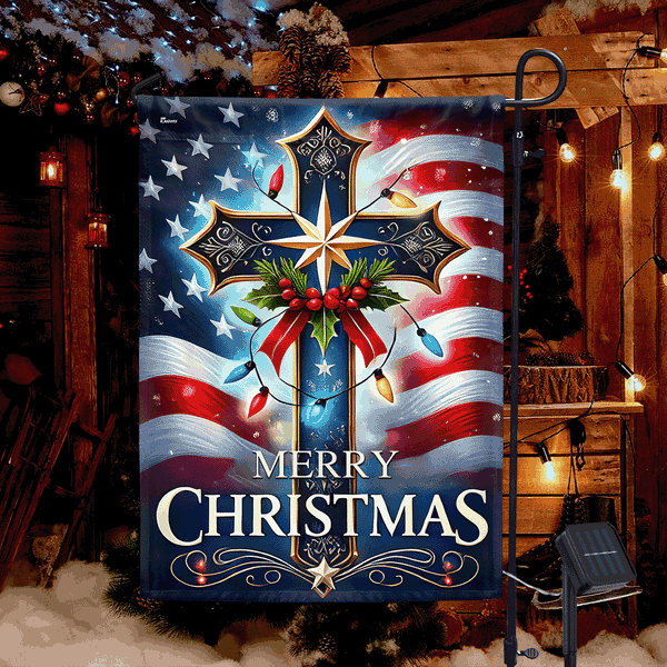 a flag with a cross and a star and holly on it
