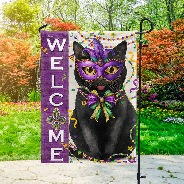 Mardi Gras Black Cat Welcome Flag VTM897F