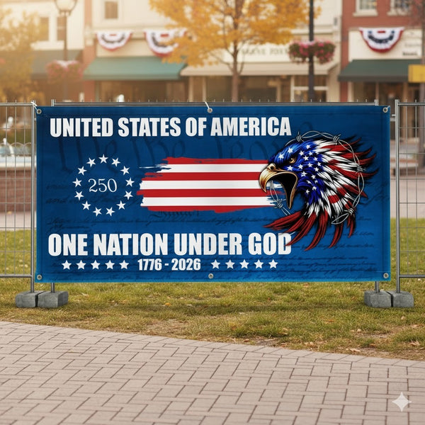 250th Anniversary Fence Banner One Nation Under God Betsy Ross Flag