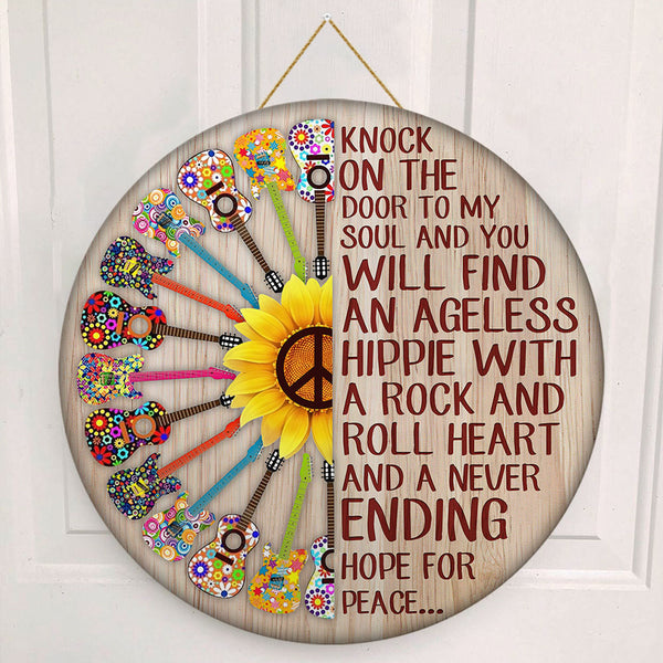 Guitars Hippie Round Wooden Sign Knock On The Door To My Soul QNK861WD