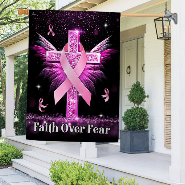 Breast Cancer Awareness Flag Faith Over Fear Cross