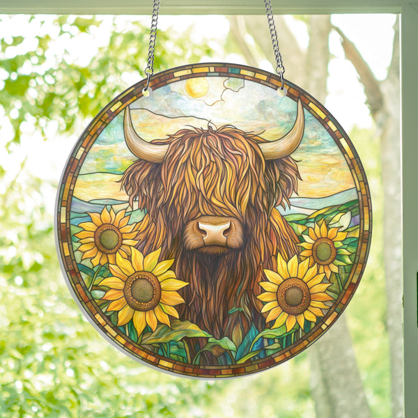Highland Cow Cattle Sunflower Suncatcher Acrylic Hanging
