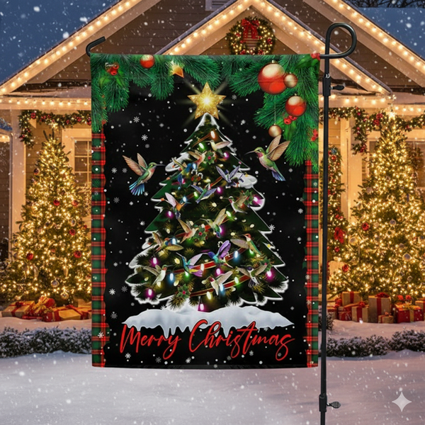 Hummingbirds Merry Christmas Tree Hummingbirds Flag  3-Day Shipping
