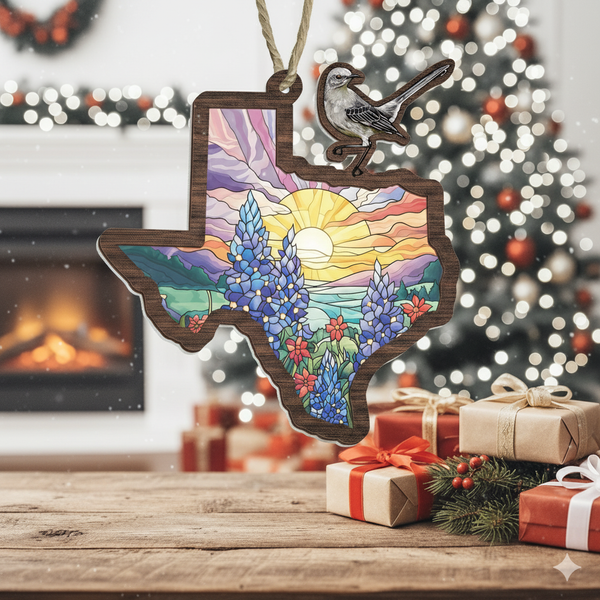 Christmas Ornament, Texas Suncatcher, Northern Mockingbird & Bluebonnet Design, Perfect Gift for Texas Pride & Home Decor