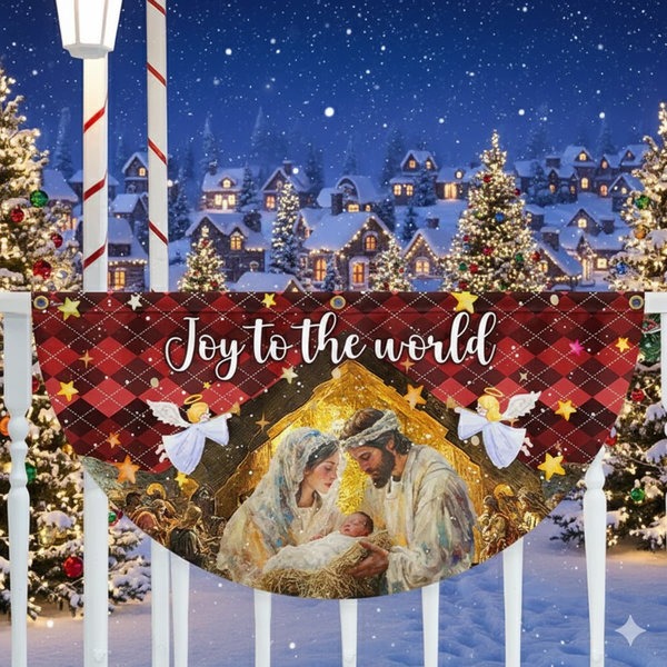 Holy Family Nativity Fan Flag - 'Joy to the World' Non-Pleated Christmas Décor  - 3-Day Shipping