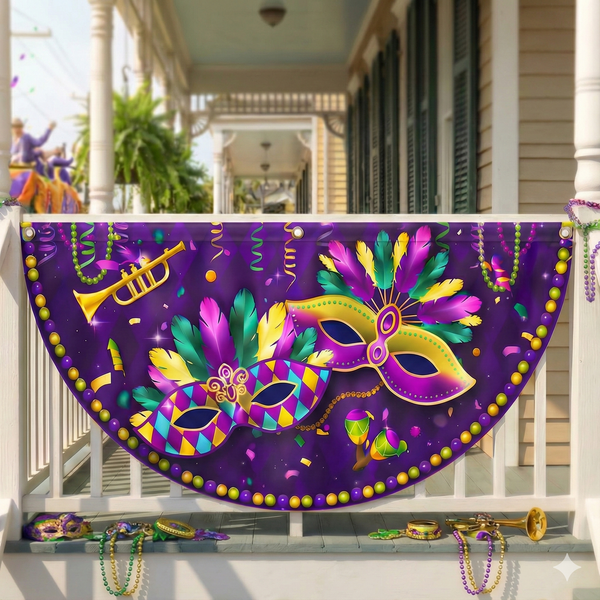 Louisiana Mardi Gras Fan Flag | Masks Beads Fat Tuesday Home Decor