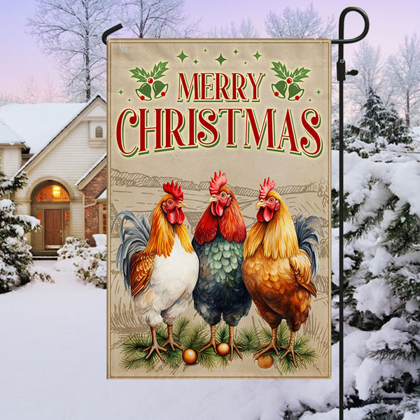 Chickens Christmas Flag Three Hens In Christmas