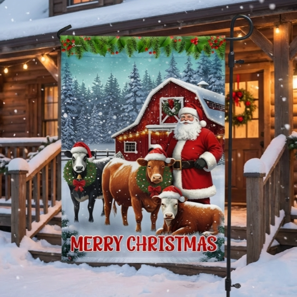 Cow Cattle Farm Santa Christmas Flag | Red Old Barn Merry Christmas Flag