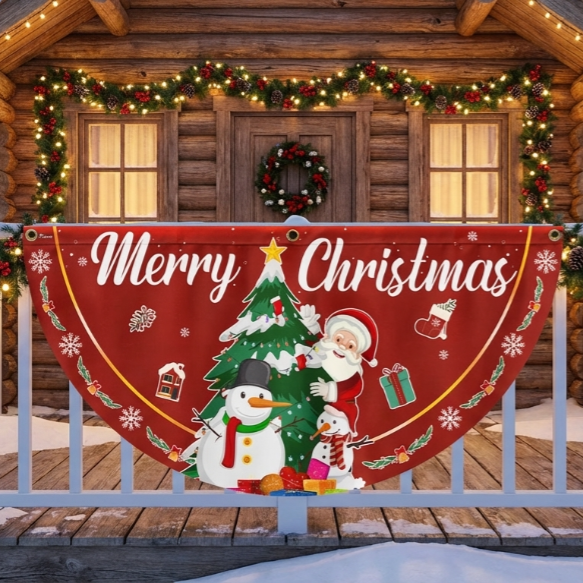 Merry Christmas Fan Flag - Santa Claus & Snowman Non-Pleated Holiday Décor  - 3-Day Shipping