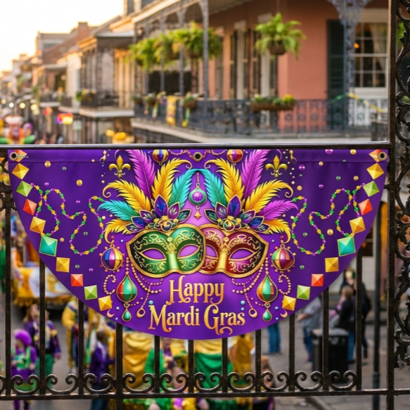Happy Mardi Gras Non-Pleated Fan Flag