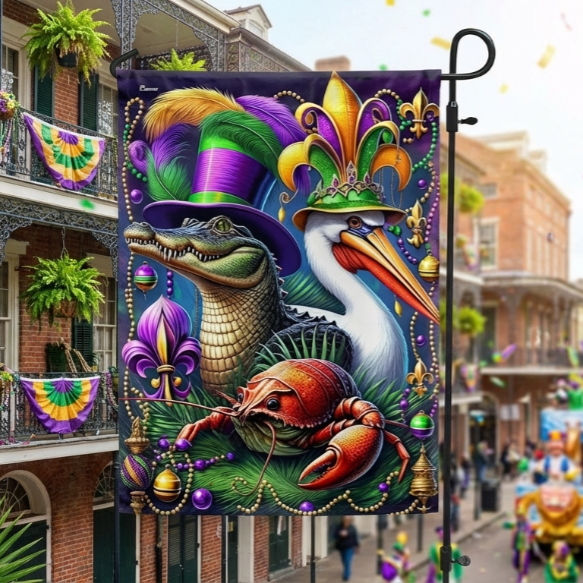 FLAGWIX  Mardi Gras Alligator Pelican and Crawfish Flag