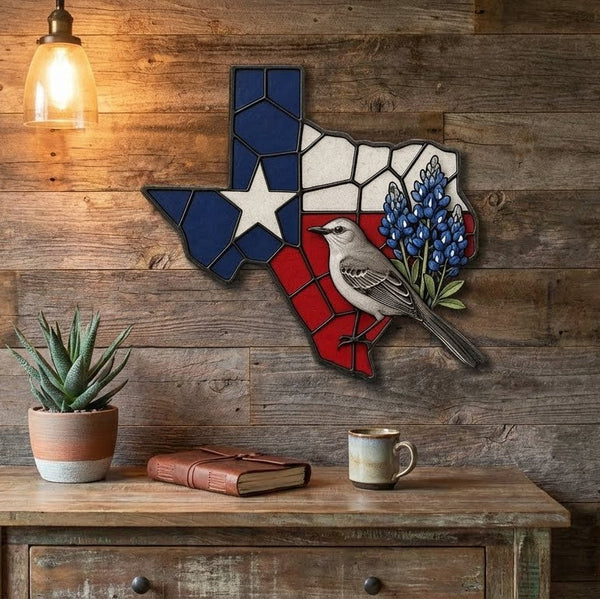 Texas Map Hanging Metal Sign, Mockingbird and Bluebonnet Home Decor