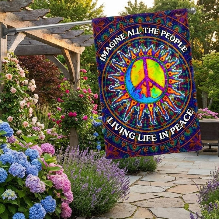 Woodstock Hippie Flag, Sun Moon Peace Sign People Living Life In Peace ...