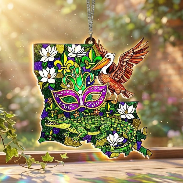 Louisiana Map Mardi Gras Mask Fleur De Lis Acrylic Suncatcher Hanging