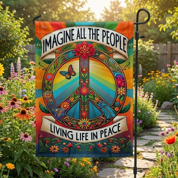 Peace Sign Hippie Flag Imagine All The People Living Life In Peace Flag
