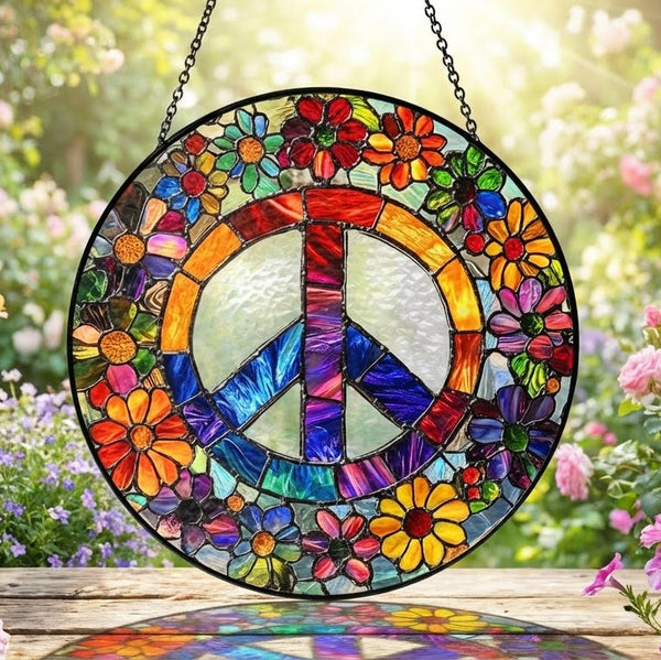 Woodstock Hippie Suncatcher, Peace Sign Hippie Stained Glass Decor