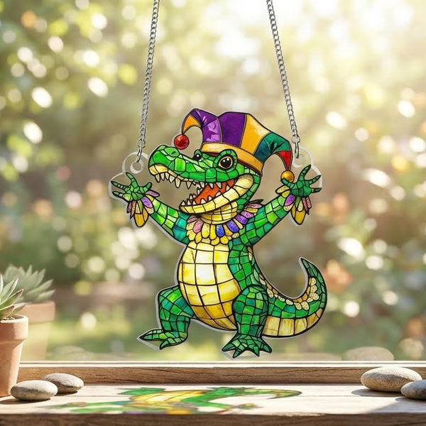 Mardi Gras Crocodile Suncatcher  Louisiana Acrylic Hanging Sign
