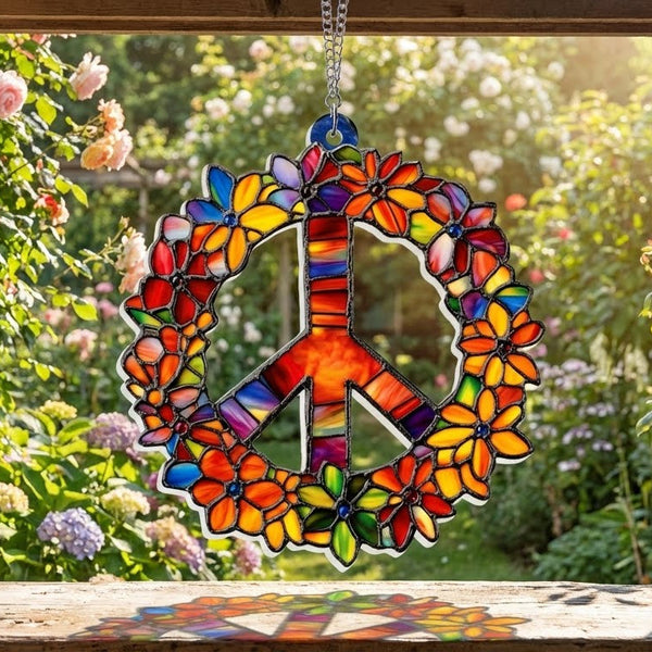 Woodstock Hippie Acrylic Suncatcher, Peace Love Flower Window Decor
