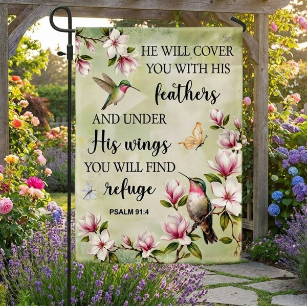 Spring Hummingbird Flag, He will cover you with Feathers Jesus Decor