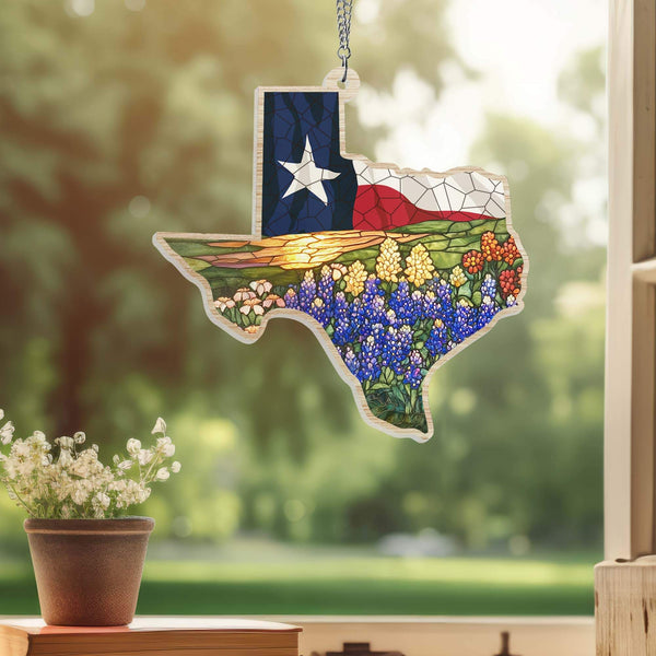 Texas Flag and Bluebonnets Flower Suncatcher Acrylic Hanging