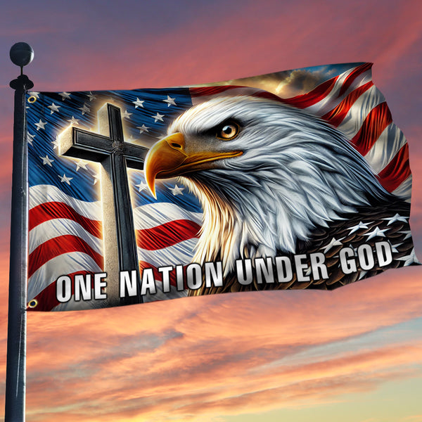 One Nation Under God Christian Cross Eagle Grommet Flag