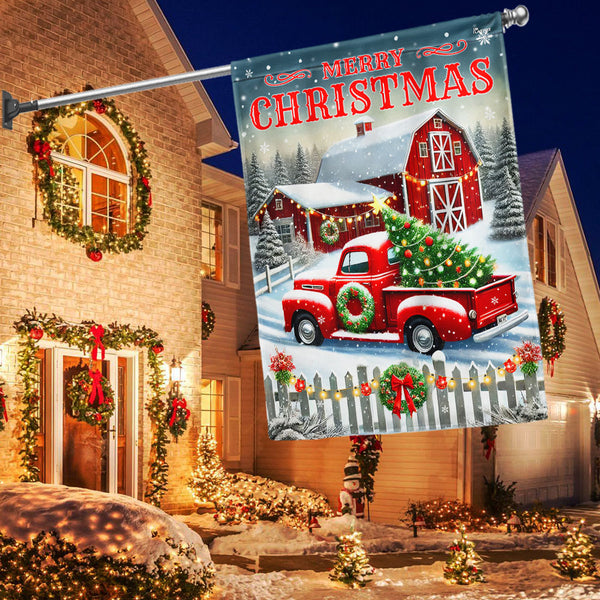 Red Truck And Barn Merry Christmas Flag TQN4123F