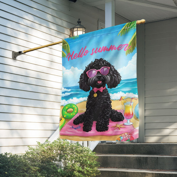 Hello Summer Sea Beach Dog Flag - Black Poodle Flag for Dog Lovers