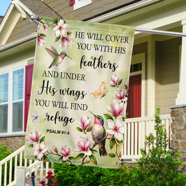 Spring Hummingbird Flag, He will cover you with Feathers Jesus Decor