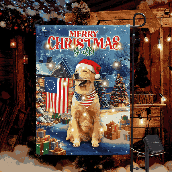 Merry Christmas Patriotic Golden Retriever Solar Led Garden Flag