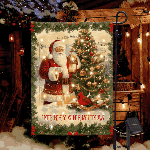 Santa Cardinal Christmas Flag | Merry Christmas Solar LED Garden Flag