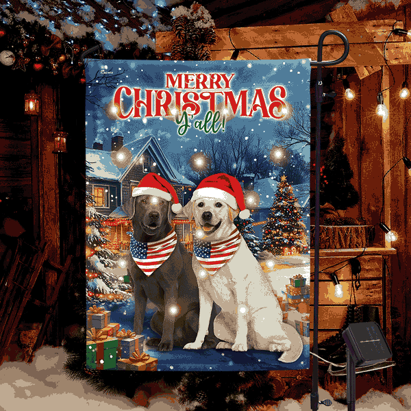 Merry Christmas Patriotic Yellow and Silver Labrador Dog Solar Led Garden Flag