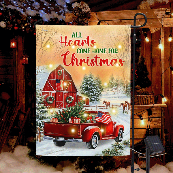 American Red Truck Farm All Hearts Come Home For Christmas Solar LED Flag