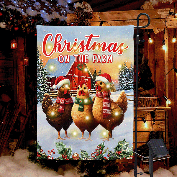 Christmas on the Farm Country Hens Farm Red Barn Solar Led Garden Flag