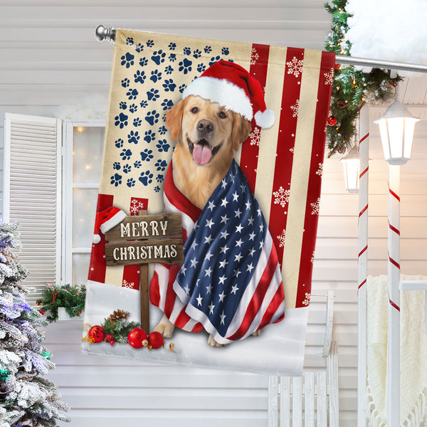 Merry Christmas Flag | Patriotic Golden Retriever American Flag