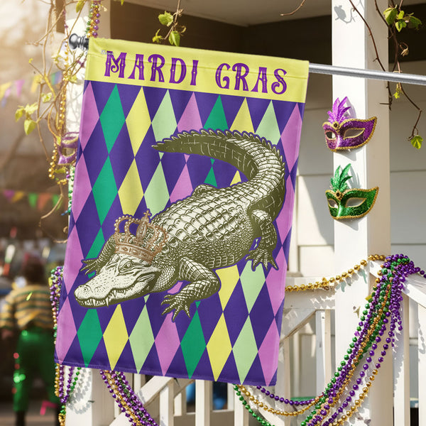 Alligator Happy Mardi Gras Grommet Flag | Louisiana Fat Tuesday Flag