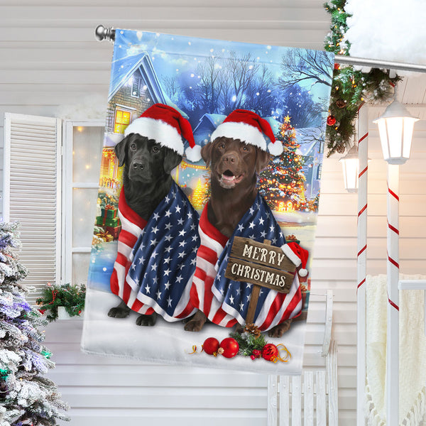 Merry Christmas Patriotic Flag, Black and Chocolate Labrador Dog Flag