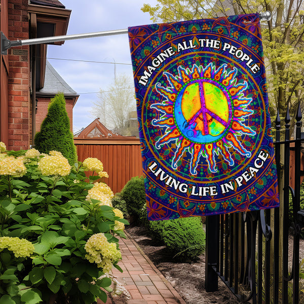 Woodstock Hippe Flag, Sun Moon Peace Sign People Living Life In Peace