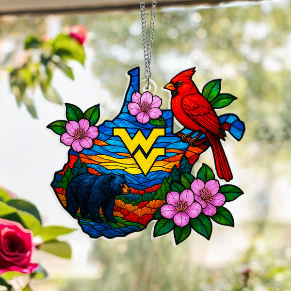 West Virginia Cardinal Rhododendron Acrylic Suncatcher, WV Day Hanging Decor