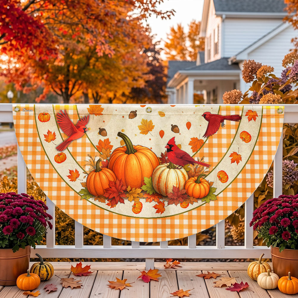 Fall Pumpkin Cardinal Autumn Leaves half-circle fan flag | Flagwix