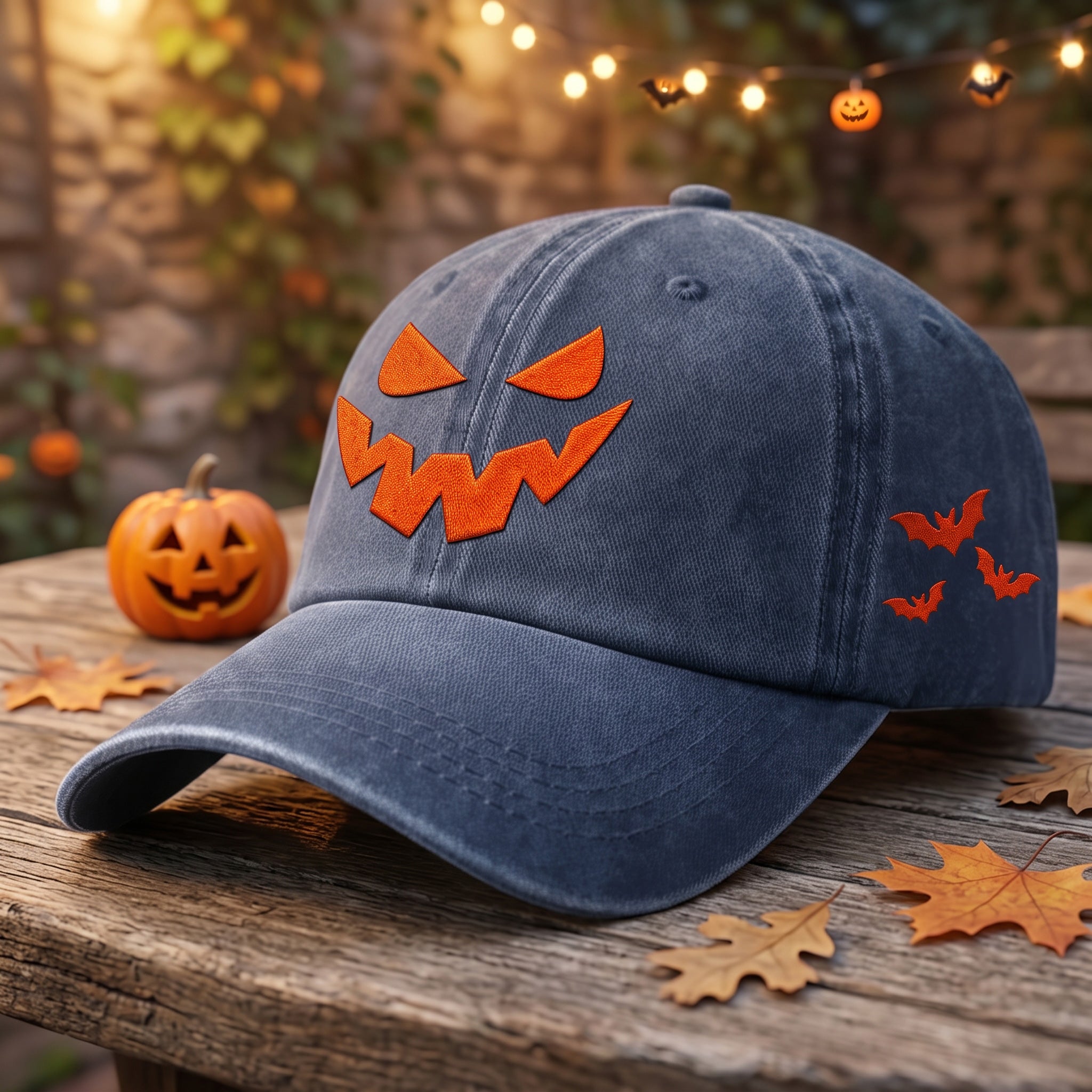 Embroidered Halloween Hat Jack O Lantern Scary Pumpkin Face