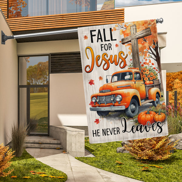 Christian Flag - Fall for Jesus He Never Leaves Flag with Vintage Truck for Indoor, Outdoor Decoration