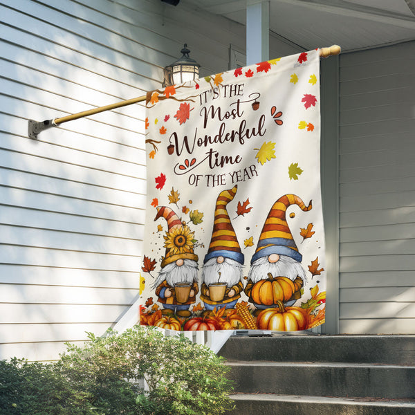 Gnome Fall Flag - Pumpkin Maple Leaves Autumn Canvas Flag For House Yard Lawn Outdoor Decor